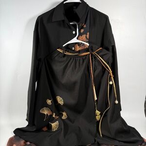 Black Dress Gold Ginkgo Leaf Belt With Shirt Elegant Set Size S